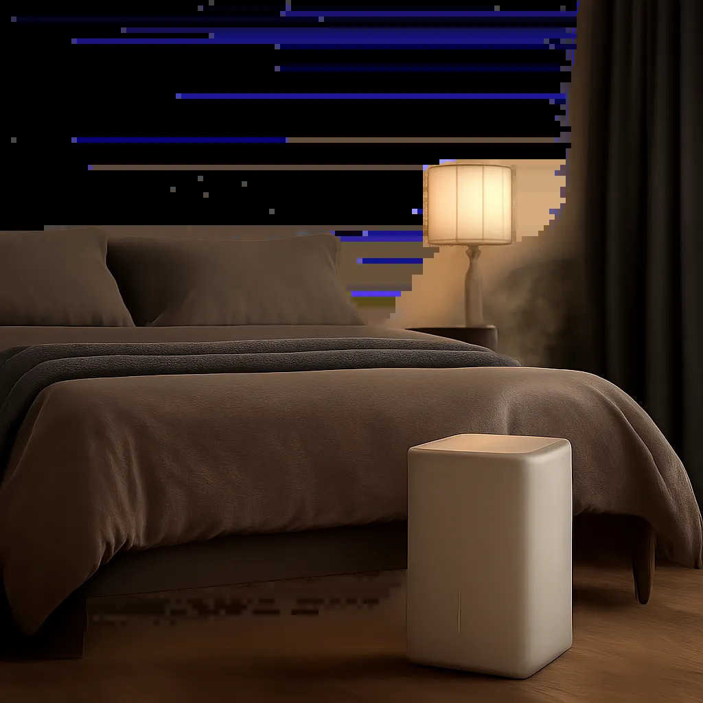Un déshumidificateur compact et discret dans une chambre moderne, pensé pour préserver le confort nocturne. L’image illustre une ambiance calme, saine et maîtrisée autour du sommeil.