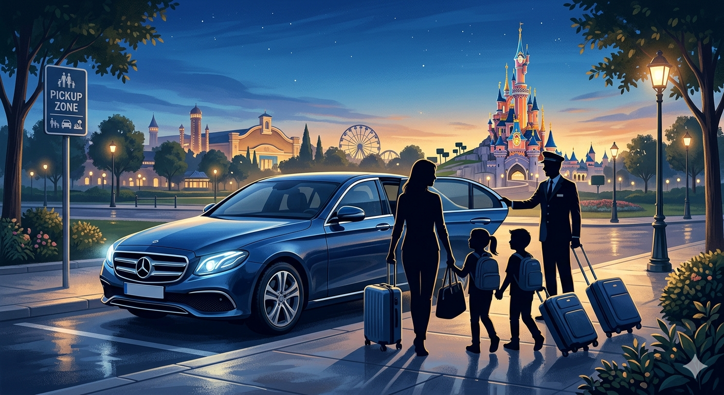 Illustration d’un transfert rassurant et organisé vers Disneyland Paris, avec un véhicule confortable prêt à accueillir une famille. L’image évoque la ponctualité, la sécurité et la sérénité du trajet.