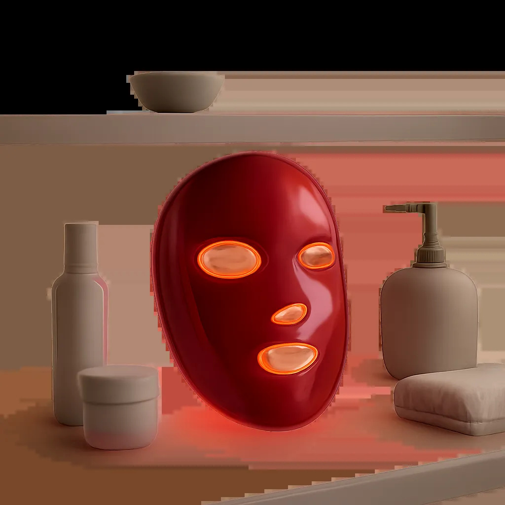 Un masque LED rouge au design premium présenté dans un univers minimaliste et rassurant. L’image évoque une routine beauté à domicile simple, crédible et élégante.